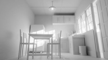 Sarı buzdolabı, yeşil duvar, ahşap dolaplar ve klasik yemek masası olan 3 boyutlu retro tarzı bir mutfak. Ev tasarımı, mimari, yaşam tarzı ve nostalji için mükemmel..