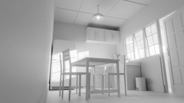 Sarı buzdolabı, yeşil duvar, ahşap dolaplar ve klasik yemek masası olan 3 boyutlu retro tarzı bir mutfak. Ev tasarımı, mimari, yaşam tarzı ve nostalji için mükemmel..