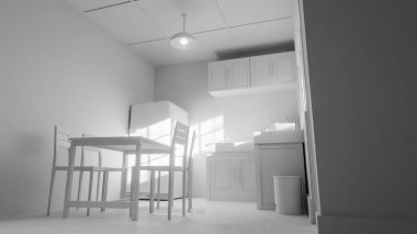 Sarı buzdolabı, yeşil duvar, ahşap dolaplar ve klasik yemek masası olan 3 boyutlu retro tarzı bir mutfak. Ev tasarımı, mimari, yaşam tarzı ve nostalji için mükemmel..