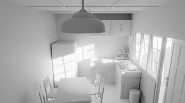 Sarı buzdolabı, yeşil duvar, ahşap dolaplar ve klasik yemek masası olan 3 boyutlu retro tarzı bir mutfak. Ev tasarımı, mimari, yaşam tarzı ve nostalji için mükemmel..