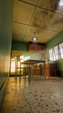 Sarı buzdolabı, yeşil duvar, ahşap dolaplar ve klasik yemek masası olan 3 boyutlu retro tarzı bir mutfak. Ev tasarımı, mimari, yaşam tarzı ve nostalji için mükemmel..