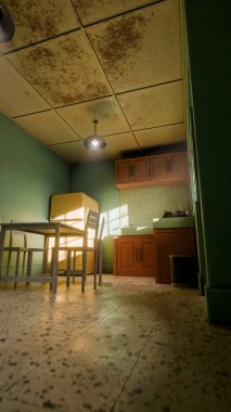 Sarı buzdolabı, yeşil duvar, ahşap dolaplar ve klasik yemek masası olan 3 boyutlu retro tarzı bir mutfak. Ev tasarımı, mimari, yaşam tarzı ve nostalji için mükemmel..