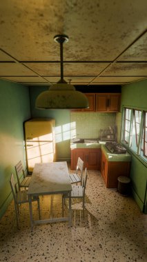 Sarı buzdolabı, yeşil duvar, ahşap dolaplar ve klasik yemek masası olan 3 boyutlu retro tarzı bir mutfak. Ev tasarımı, mimari, yaşam tarzı ve nostalji için mükemmel..