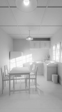 Sarı buzdolabı, yeşil duvar, ahşap dolaplar ve klasik yemek masası olan 3 boyutlu retro tarzı bir mutfak. Ev tasarımı, mimari, yaşam tarzı ve nostalji için mükemmel..