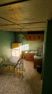 Sarı buzdolabı, yeşil duvar, ahşap dolaplar ve klasik yemek masası olan 3 boyutlu retro tarzı bir mutfak. Ev tasarımı, mimari, yaşam tarzı ve nostalji için mükemmel..