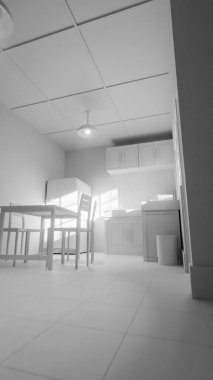 Sarı buzdolabı, yeşil duvar, ahşap dolaplar ve klasik yemek masası olan 3 boyutlu retro tarzı bir mutfak. Ev tasarımı, mimari, yaşam tarzı ve nostalji için mükemmel..