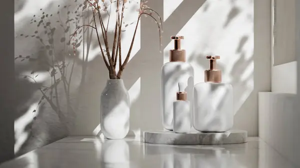 Lüks kozmetik şişelerinin doğal güneş ışığında mermer yüzeyde gül sarısı kaplamalı 3D sunumu markalaşma, ambalaj, cilt bakımı ve reklam tasarımı için mükemmel..