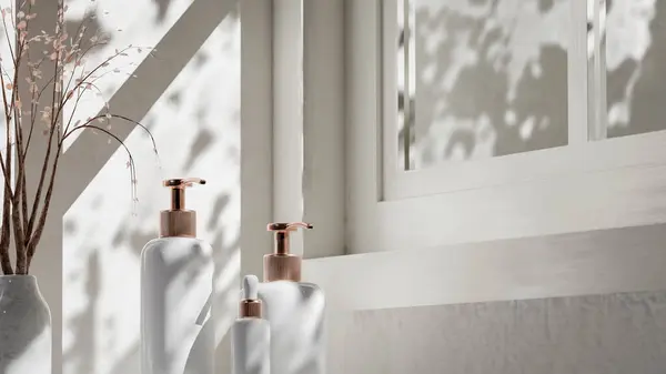 Lüks kozmetik şişelerinin doğal güneş ışığında mermer yüzeyde gül sarısı kaplamalı 3D sunumu markalaşma, ambalaj, cilt bakımı ve reklam tasarımı için mükemmel..