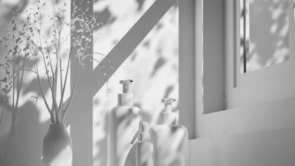 Lüks kozmetik şişelerinin doğal güneş ışığında mermer yüzeyde gül sarısı kaplamalı 3D sunumu markalaşma, ambalaj, cilt bakımı ve reklam tasarımı için mükemmel..