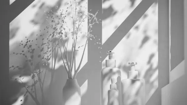 Lüks kozmetik şişelerinin doğal güneş ışığında mermer yüzeyde gül sarısı kaplamalı 3D sunumu markalaşma, ambalaj, cilt bakımı ve reklam tasarımı için mükemmel..