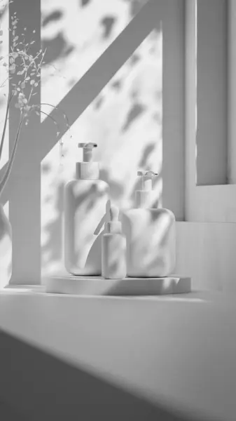 Lüks kozmetik şişelerinin doğal güneş ışığında mermer yüzeyde gül sarısı kaplamalı 3D sunumu markalaşma, ambalaj, cilt bakımı ve reklam tasarımı için mükemmel..