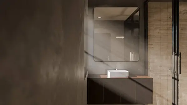 Modern minimalist banyo, lavabo, ayna ve doğal ışık altında duş. Zarif beton ve ahşap tasarım mimari, gayrimenkul ve iç tasarım kavramları için mükemmel..