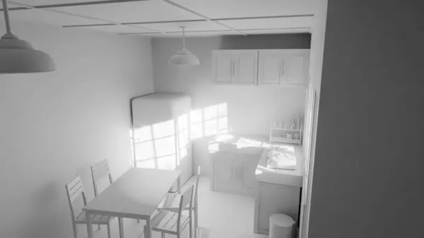 Sarı buzdolabı, yeşil duvar, ahşap dolaplar ve klasik yemek masası olan 3 boyutlu retro tarzı bir mutfak. Ev tasarımı, mimari, yaşam tarzı ve nostalji için mükemmel..