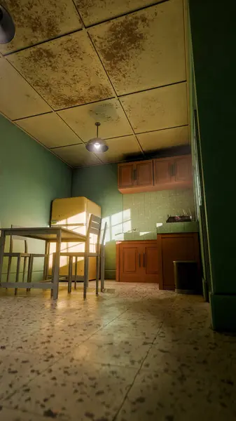 Sarı buzdolabı, yeşil duvar, ahşap dolaplar ve klasik yemek masası olan 3 boyutlu retro tarzı bir mutfak. Ev tasarımı, mimari, yaşam tarzı ve nostalji için mükemmel..