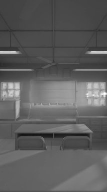 Eski ahşap masaları, karatahtası ve kırık duvarları olan karanlık terk edilmiş bir sınıf. Konsept, eğitim, tarih ve korku tasarımı için unutulmuş okul alanının 3 boyutlu canlandırması.