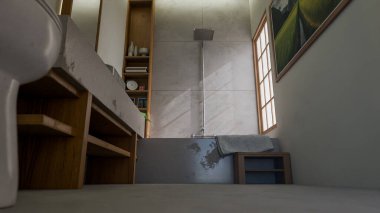 Modern minimalist banyo içi taş lavabo, ahşap mobilya, küvet ve yumuşak doğal ışıklandırmayla dolu. 3B konforlu, temiz ve zarif ev spa tasarımı.