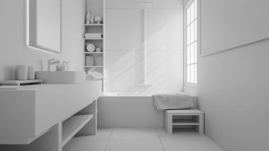 Modern minimalist banyo içi taş lavabo, ahşap mobilya, küvet ve yumuşak doğal ışıklandırmayla dolu. 3B konforlu, temiz ve zarif ev spa tasarımı.