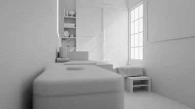Modern minimalist banyo içi taş lavabo, ahşap mobilya, küvet ve yumuşak doğal ışıklandırmayla dolu. 3B konforlu, temiz ve zarif ev spa tasarımı.