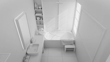 Modern minimalist banyo içi taş lavabo, ahşap mobilya, küvet ve yumuşak doğal ışıklandırmayla dolu. 3B konforlu, temiz ve zarif ev spa tasarımı.