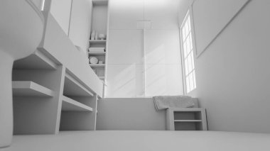 Modern minimalist banyo içi taş lavabo, ahşap mobilya, küvet ve yumuşak doğal ışıklandırmayla dolu. 3B konforlu, temiz ve zarif ev spa tasarımı.