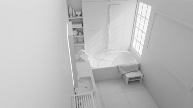 Modern minimalist banyo içi taş lavabo, ahşap mobilya, küvet ve yumuşak doğal ışıklandırmayla dolu. 3B konforlu, temiz ve zarif ev spa tasarımı.