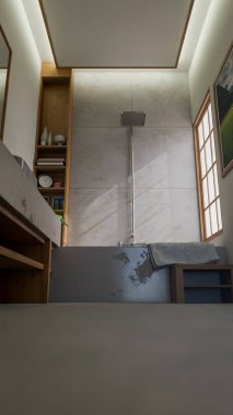 Modern minimalist banyo içi taş lavabo, ahşap mobilya, küvet ve yumuşak doğal ışıklandırmayla dolu. 3B konforlu, temiz ve zarif ev spa tasarımı.