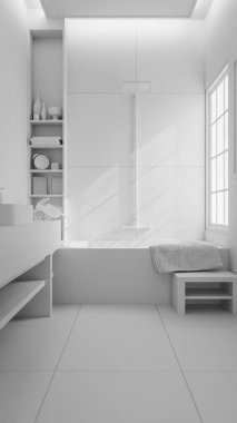 Modern minimalist banyo içi taş lavabo, ahşap mobilya, küvet ve yumuşak doğal ışıklandırmayla dolu. 3B konforlu, temiz ve zarif ev spa tasarımı.