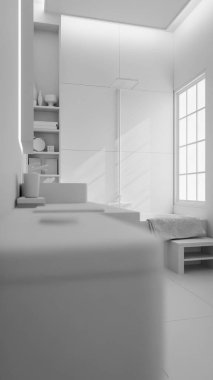 Modern minimalist banyo içi taş lavabo, ahşap mobilya, küvet ve yumuşak doğal ışıklandırmayla dolu. 3B konforlu, temiz ve zarif ev spa tasarımı.