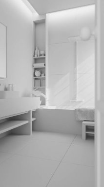 Modern minimalist banyo içi taş lavabo, ahşap mobilya, küvet ve yumuşak doğal ışıklandırmayla dolu. 3B konforlu, temiz ve zarif ev spa tasarımı.