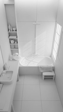 Modern minimalist banyo içi taş lavabo, ahşap mobilya, küvet ve yumuşak doğal ışıklandırmayla dolu. 3B konforlu, temiz ve zarif ev spa tasarımı.