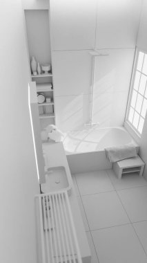 Modern minimalist banyo içi taş lavabo, ahşap mobilya, küvet ve yumuşak doğal ışıklandırmayla dolu. 3B konforlu, temiz ve zarif ev spa tasarımı.