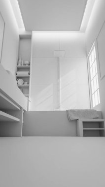 Modern minimalist banyo içi taş lavabo, ahşap mobilya, küvet ve yumuşak doğal ışıklandırmayla dolu. 3B konforlu, temiz ve zarif ev spa tasarımı.