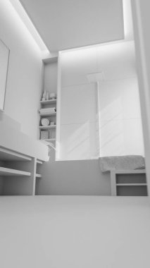 Modern minimalist banyo içi taş lavabo, ahşap mobilya, küvet ve yumuşak doğal ışıklandırmayla dolu. 3B konforlu, temiz ve zarif ev spa tasarımı.