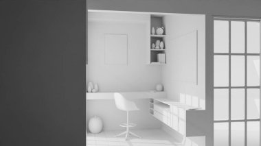 Ahşap masalı, modern sandalyeli, Shoji pencereli ve minimal dekorlu 3 boyutlu bir Japon tarzı oda. Doğal ışık ve sıcak minimalist tasarımı olan huzurlu bir çalışma alanı..