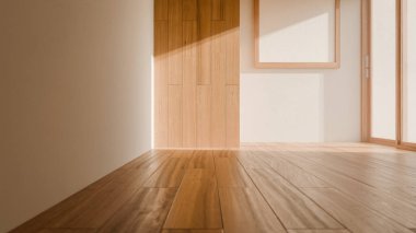 Tahta sürgülü kapısı, beyaz çerçevesi ve doğal güneş ışığı olan minimalist bir odanın 3 boyutlu görüntüsü. Modern Japonlar temiz çizgiler, yumuşak ışık ve sıcak doğal dokulardan esinlenmişlerdir..
