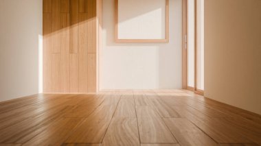 Tahta sürgülü kapısı, beyaz çerçevesi ve doğal güneş ışığı olan minimalist bir odanın 3 boyutlu görüntüsü. Modern Japonlar temiz çizgiler, yumuşak ışık ve sıcak doğal dokulardan esinlenmişlerdir..