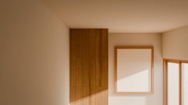 Tahta sürgülü kapısı, beyaz çerçevesi ve doğal güneş ışığı olan minimalist bir odanın 3 boyutlu görüntüsü. Modern Japonlar temiz çizgiler, yumuşak ışık ve sıcak doğal dokulardan esinlenmişlerdir..