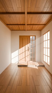 Tahta sürgülü kapısı, Shoji pencereleri ve doğal güneş ışığı olan 3 boyutlu bir Japon tarzı oda. Minimalist iç tasarım, sıcak ahşap tonlar, temiz çizgiler ve sakin atmosfer..