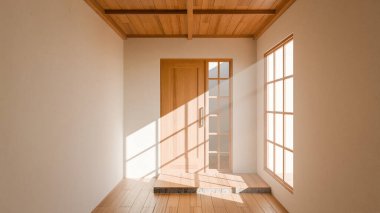 Tahta sürgülü kapısı, Shoji pencereleri ve doğal güneş ışığı olan 3 boyutlu bir Japon tarzı oda. Minimalist iç tasarım, sıcak ahşap tonlar, temiz çizgiler ve sakin atmosfer..
