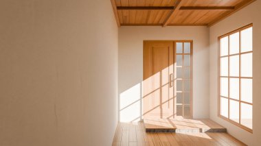 Tahta sürgülü kapısı, Shoji pencereleri ve doğal güneş ışığı olan 3 boyutlu bir Japon tarzı oda. Minimalist iç tasarım, sıcak ahşap tonlar, temiz çizgiler ve sakin atmosfer..
