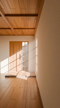 Tahta sürgülü kapısı, Shoji pencereleri ve doğal güneş ışığı olan 3 boyutlu bir Japon tarzı oda. Minimalist iç tasarım, sıcak ahşap tonlar, temiz çizgiler ve sakin atmosfer..