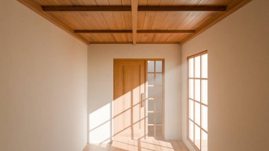 Tahta sürgülü kapısı, Shoji pencereleri ve doğal güneş ışığı olan 3 boyutlu bir Japon tarzı oda. Minimalist iç tasarım, sıcak ahşap tonlar, temiz çizgiler ve sakin atmosfer..