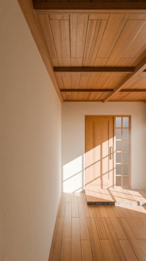 Tahta sürgülü kapısı, Shoji pencereleri ve doğal güneş ışığı olan 3 boyutlu bir Japon tarzı oda. Minimalist iç tasarım, sıcak ahşap tonlar, temiz çizgiler ve sakin atmosfer..