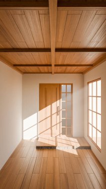 Tahta sürgülü kapısı, Shoji pencereleri ve doğal güneş ışığı olan 3 boyutlu bir Japon tarzı oda. Minimalist iç tasarım, sıcak ahşap tonlar, temiz çizgiler ve sakin atmosfer..