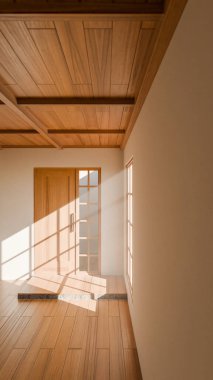 Tahta sürgülü kapısı, Shoji pencereleri ve doğal güneş ışığı olan 3 boyutlu bir Japon tarzı oda. Minimalist iç tasarım, sıcak ahşap tonlar, temiz çizgiler ve sakin atmosfer..