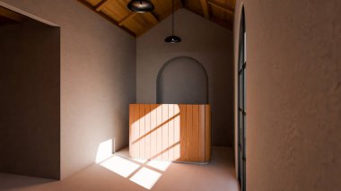Ahşap masa, kemerli pencere ve doğal güneş ışığıyla modern bir odanın 3 boyutlu görüntüsü. Sıcak dokuları, yumuşak ışığı ve zarif mimari detayları olan minimalist iç tasarım..