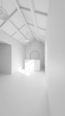 Ahşap masa, kemerli pencere ve doğal güneş ışığıyla modern bir odanın 3 boyutlu görüntüsü. Sıcak dokuları, yumuşak ışığı ve zarif mimari detayları olan minimalist iç tasarım..