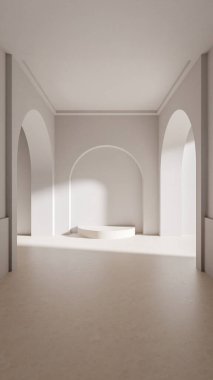 Zarif kemerler ve merkezi bir kaideye sahip üç boyutlu bir oda. Yumuşak ışıklandırma, temiz mimari ve modern tasarım ile minimalist iç arkaplan.