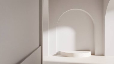 Zarif kemerler ve merkezi bir kaideye sahip üç boyutlu bir oda. Yumuşak ışıklandırma, temiz mimari ve modern tasarım ile minimalist iç arkaplan.