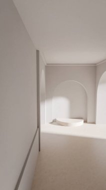 Zarif kemerler ve merkezi bir kaideye sahip üç boyutlu bir oda. Yumuşak ışıklandırma, temiz mimari ve modern tasarım ile minimalist iç arkaplan.